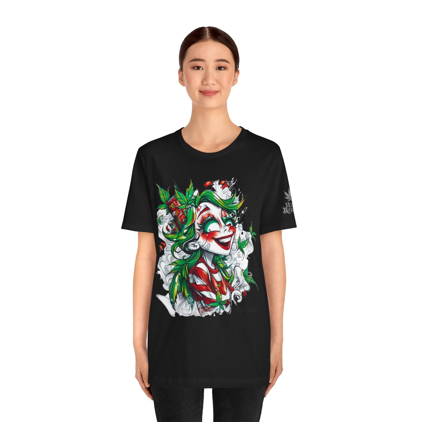 High Roller Jester Queen Cannabis T-Shirt - Premium 420 Harlequin Beauty Holiday Celebration Apparel