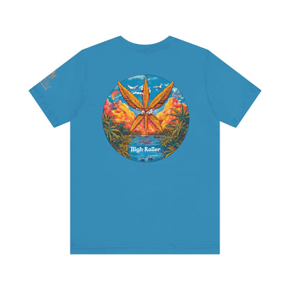 Cannabis Paradise Circle Tee - Tropical Sunset Art Design | High Roller
