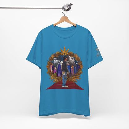 Red Carpet Royalty Premium Cannabis Culture T-Shirt - Hip-Hop Legends Tribute With Golden Cannabis Wreath And City Skyline