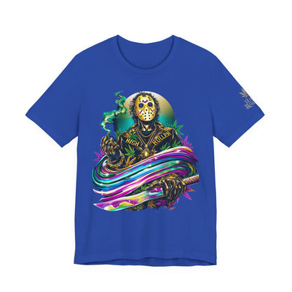 Psychedelic Jason Swoosh Cannabis T-Shirt - Premium Horror 420 Orange Edition Apparel