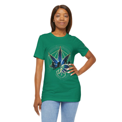 Sacred Geometry Snowboard Premium Cannabis Culture T-Shirt - Emerald Green Tee With Action Sports And Crystalline Cannabis Geometric Mandala