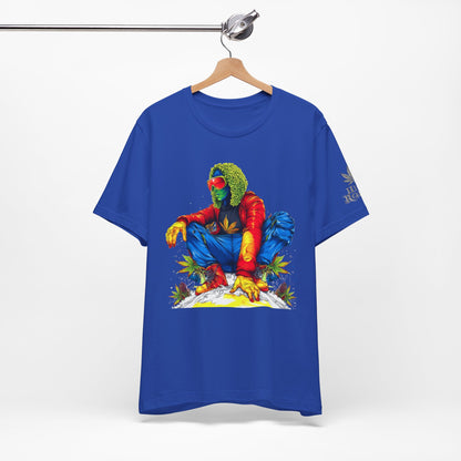 Psychedelic Chill Premium Cannabis Culture T-Shirt - Vibrant Street Art With Rainbow Color Explosion And Meditative Pose