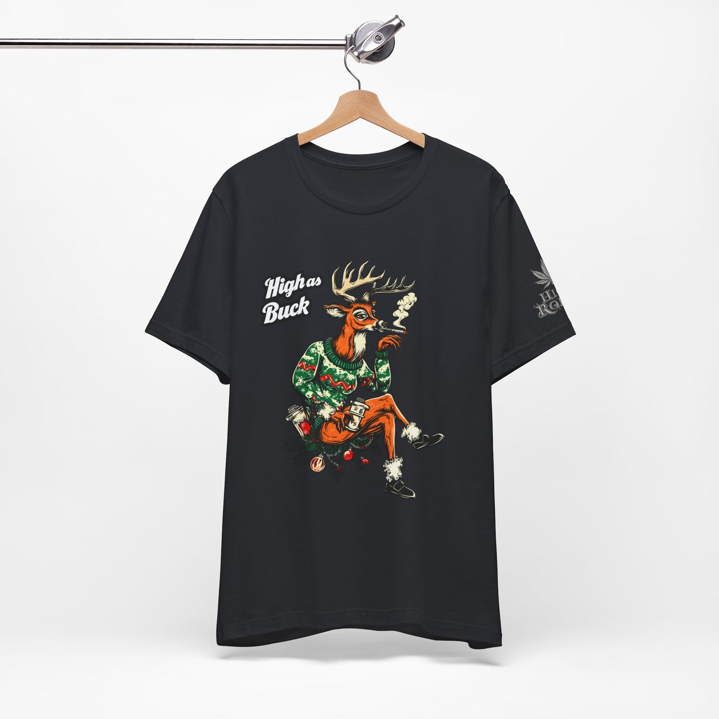 High as Buck T-Shirt - Premium Airlume Cotton Cannabis Christmas Deer Holiday Tee
