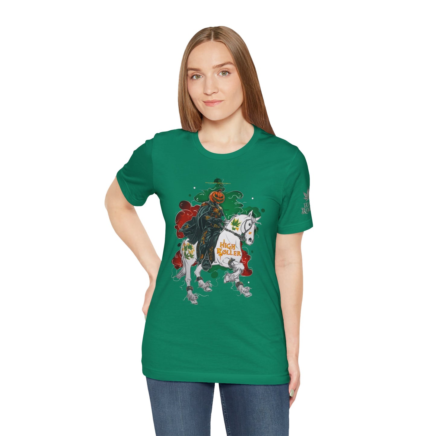 Headless Horseman HIGH ROLLER Halloween Cannabis T-Shirt - Premium Pumpkin Rider Skeletal Steed 420 Apparel