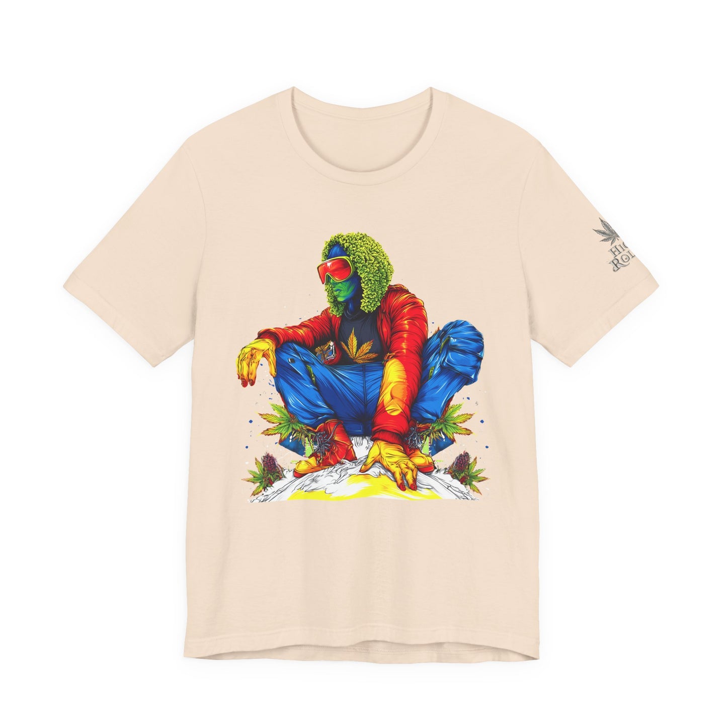 Psychedelic Chill Premium Cannabis Culture T-Shirt - Vibrant Street Art With Rainbow Color Explosion And Meditative Pose