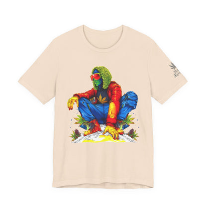 Psychedelic Chill Premium Cannabis Culture T-Shirt - Vibrant Street Art With Rainbow Color Explosion And Meditative Pose