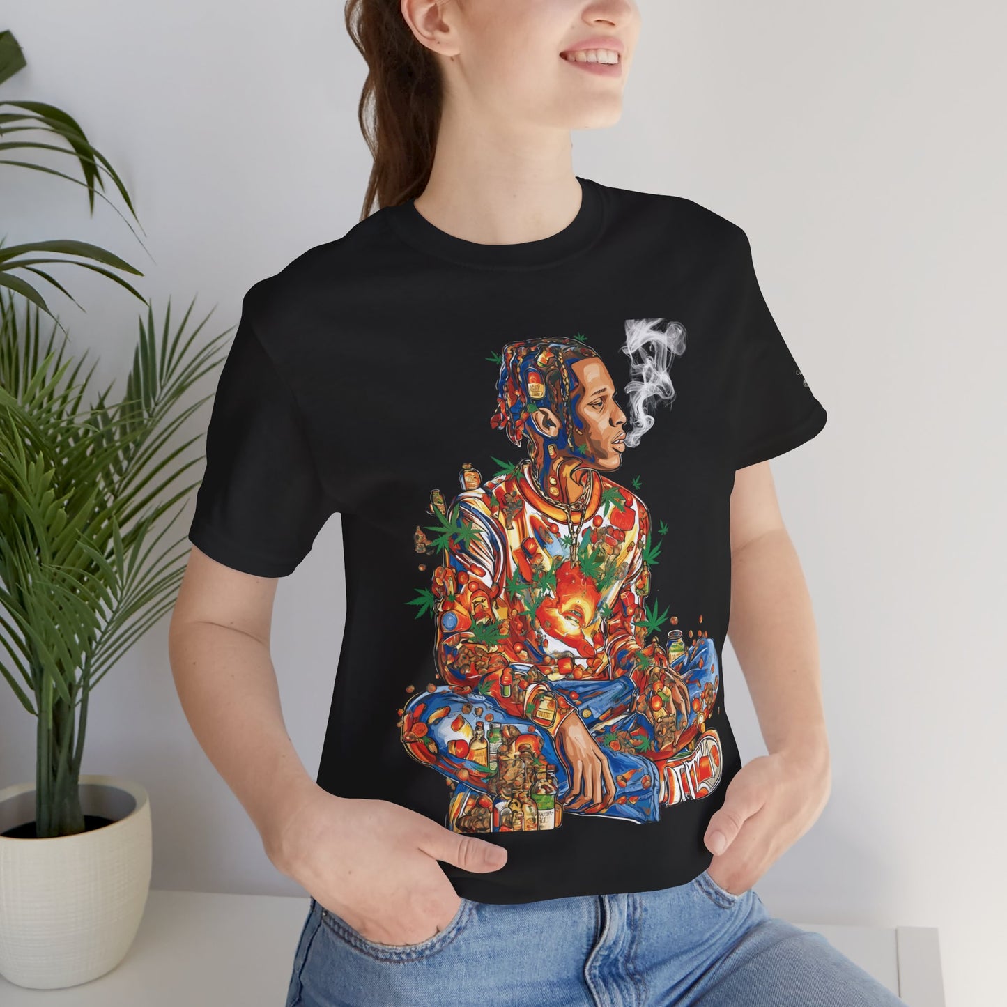 High Roller Meditation Mosaic Cannabis T-Shirt - Premium 420 Hip-Hop Zen Cross-Legged Street Culture Artistic Collage Apparel