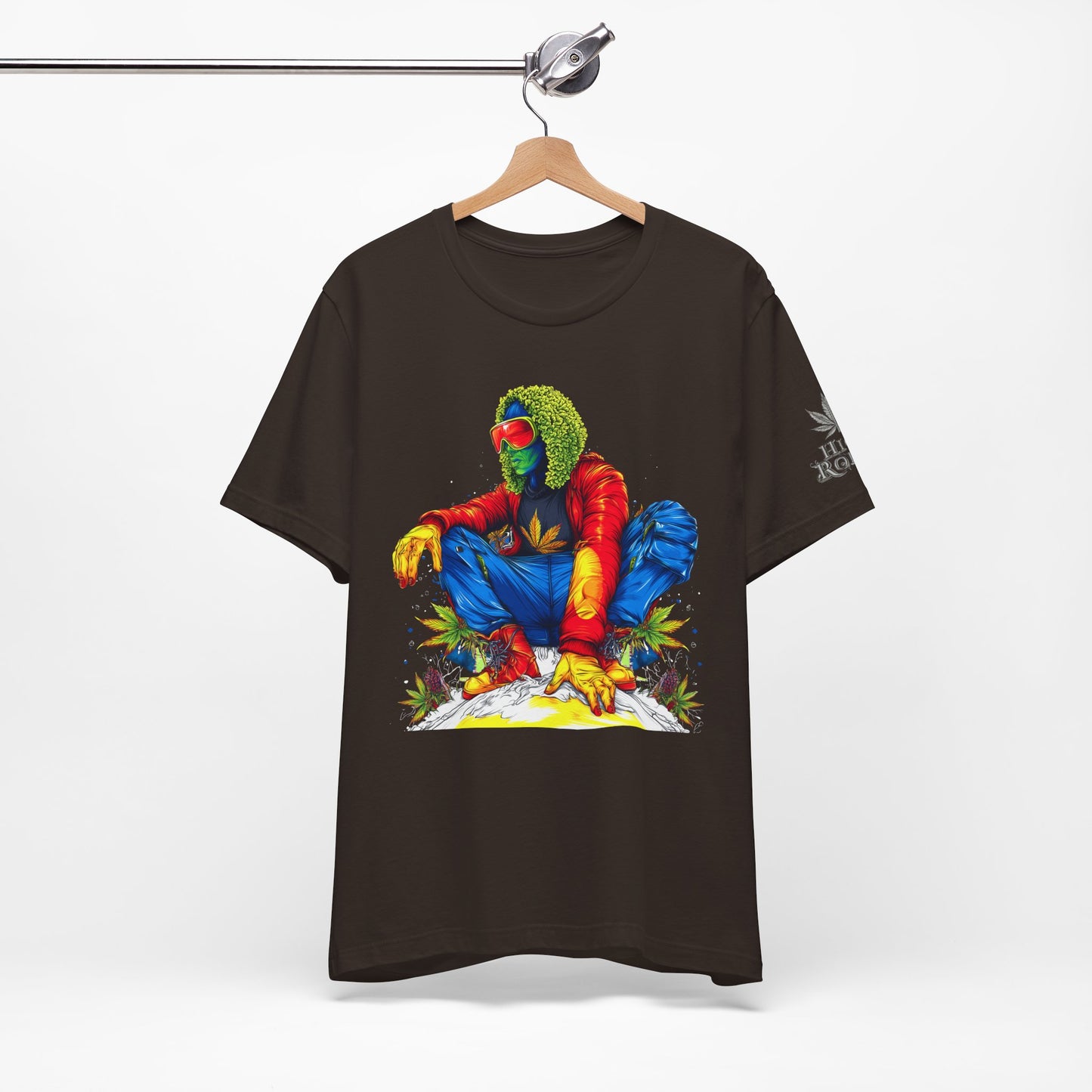 Psychedelic Chill Premium Cannabis Culture T-Shirt - Vibrant Street Art With Rainbow Color Explosion And Meditative Pose