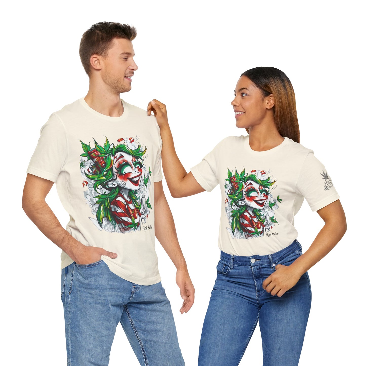 High Roller Jester Queen Cannabis T-Shirt - Premium 420 Harlequin Beauty Holiday Celebration Apparel