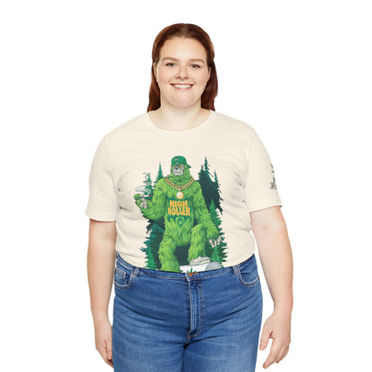 Bigfoot HIGH ROLLER Halloween Cannabis Forest T-Shirt - Premium Sasquatch Lifestyle Legend 420 Apparel