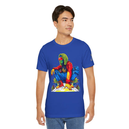 Psychedelic Chill Premium Cannabis Culture T-Shirt - Vibrant Street Art With Rainbow Color Explosion And Meditative Pose