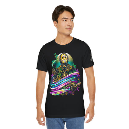 Psychedelic Jason Swoosh Cannabis T-Shirt - Premium Horror 420 Orange Edition Apparel