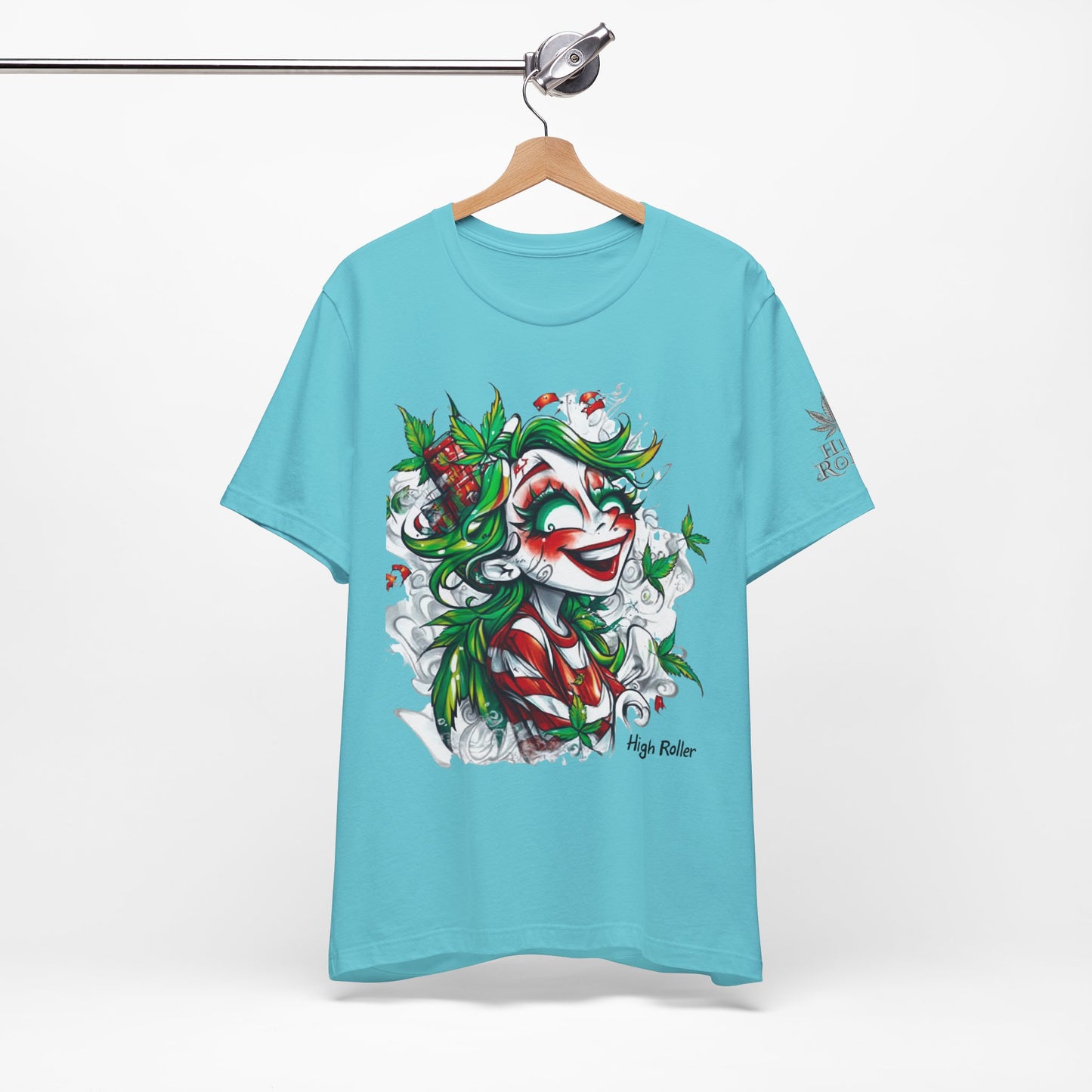 High Roller Jester Queen Cannabis T-Shirt - Premium 420 Harlequin Beauty Holiday Celebration Apparel
