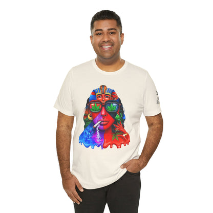 Pharaoh Vision Premium Cannabis Culture T-Shirt - Ancient Egyptian Royalty With Modern Cannabis Celebration And Psychedelic Split-Face Art