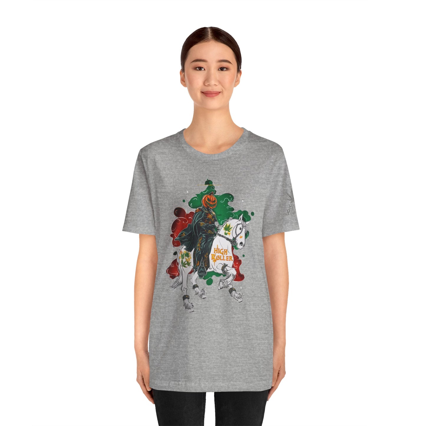 Headless Horseman HIGH ROLLER Halloween Cannabis T-Shirt - Premium Pumpkin Rider Skeletal Steed 420 Apparel