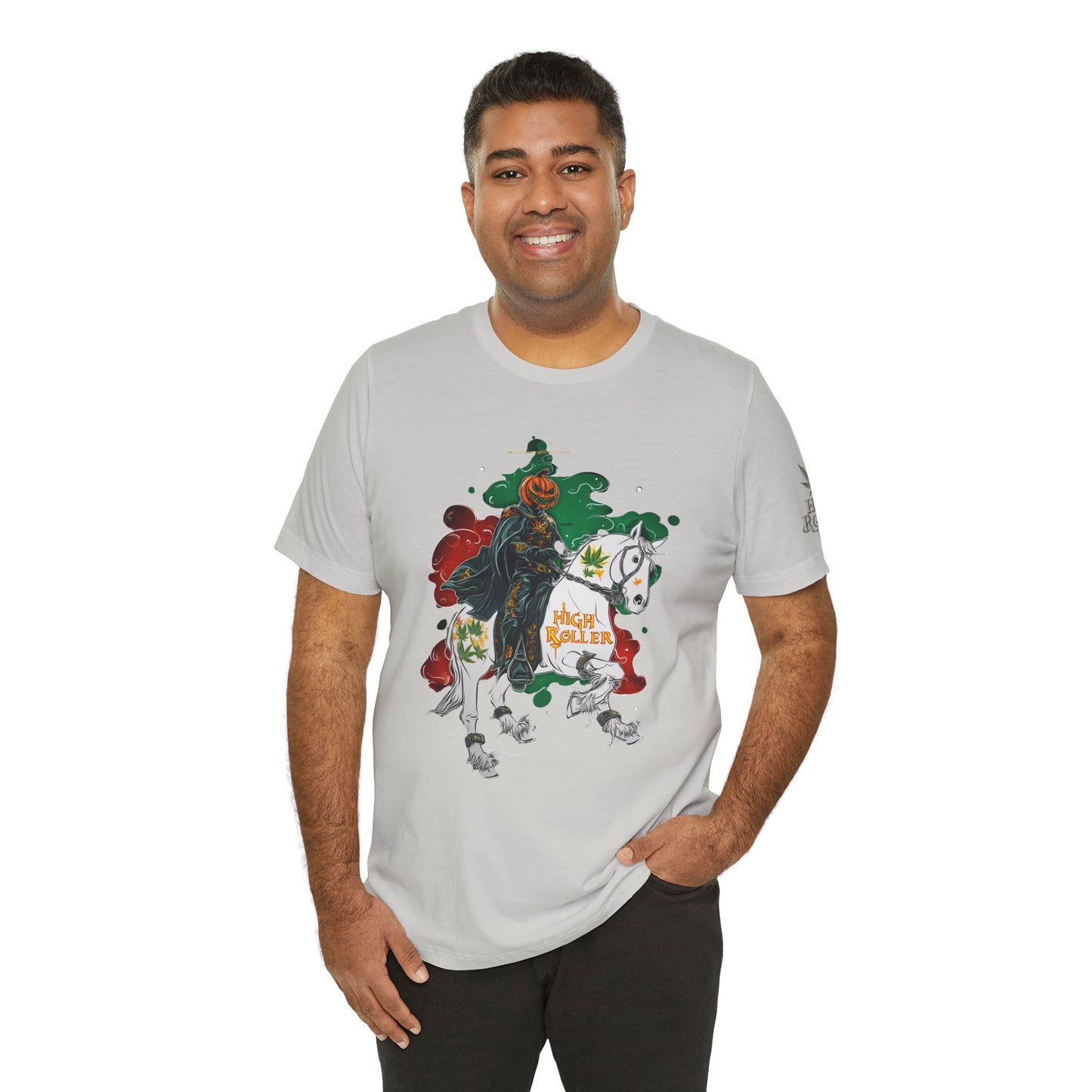Headless Horseman HIGH ROLLER Halloween Cannabis T-Shirt - Premium Pumpkin Rider Skeletal Steed 420 Apparel
