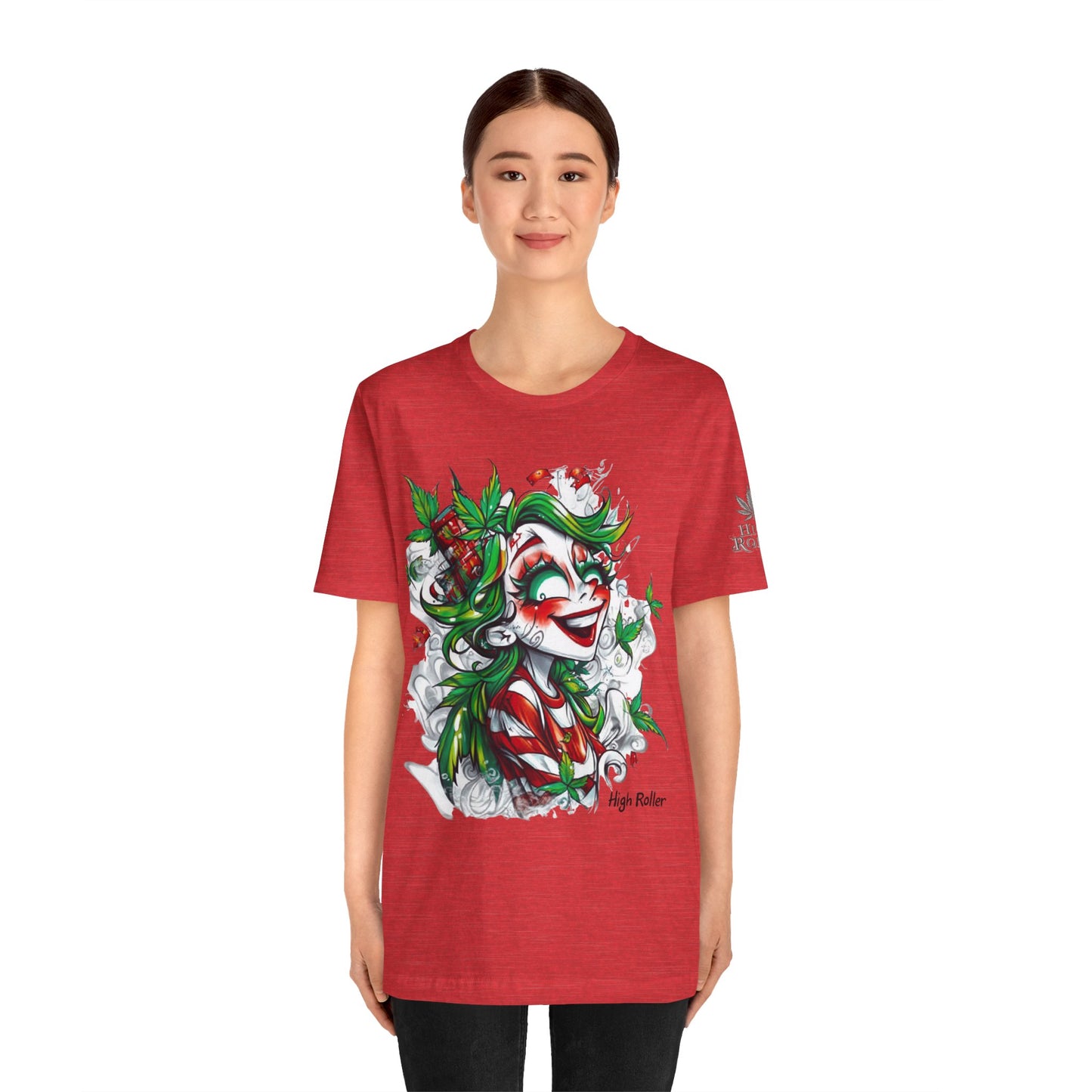 High Roller Jester Queen Cannabis T-Shirt - Premium 420 Harlequin Beauty Holiday Celebration Apparel