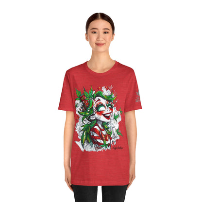 High Roller Jester Queen Cannabis T-Shirt - Premium 420 Harlequin Beauty Holiday Celebration Apparel