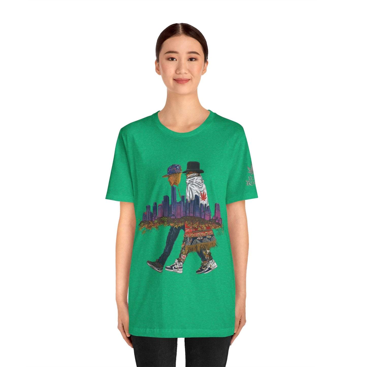 High Roller Urban Legends Cannabis T-Shirt - Premium 420 City Skyline Street Culture Double Exposure Apparel