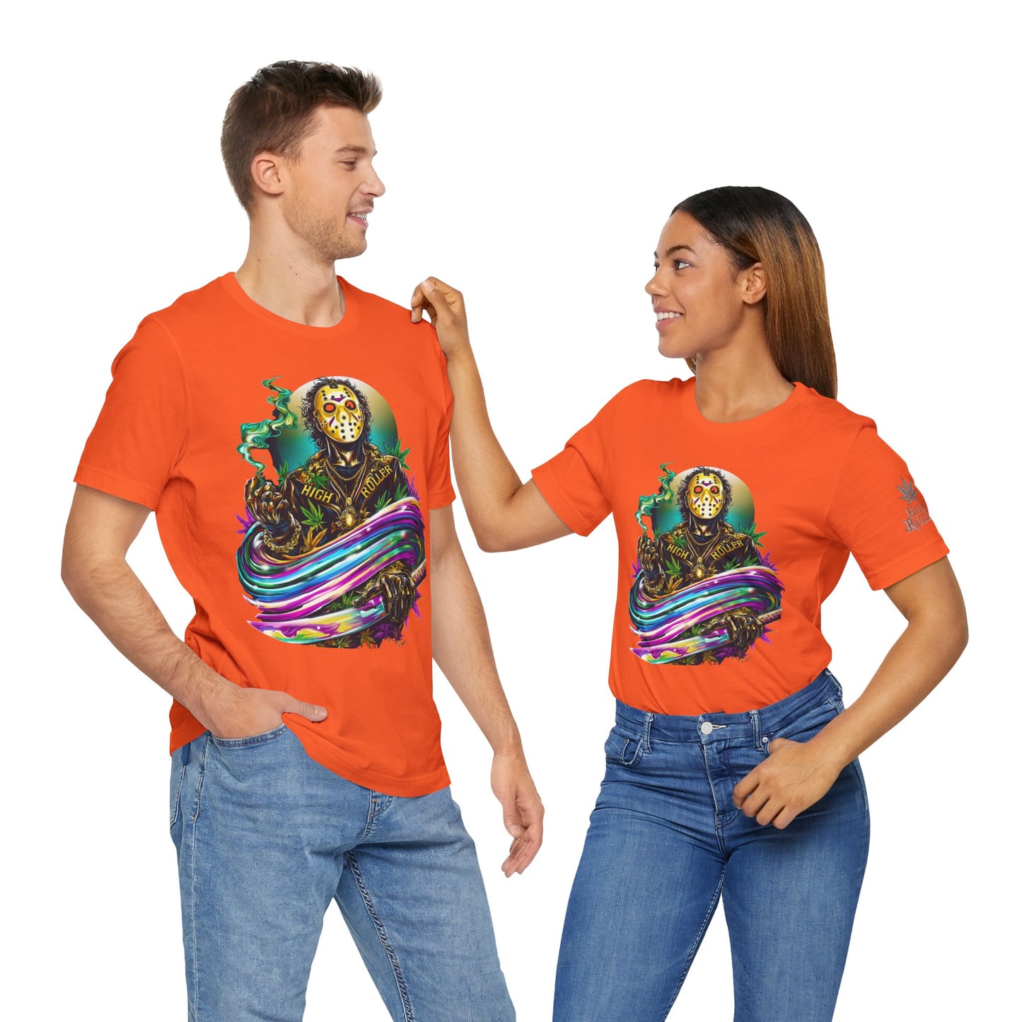 Psychedelic Jason Swoosh Cannabis T-Shirt - Premium Horror 420 Orange Edition Apparel