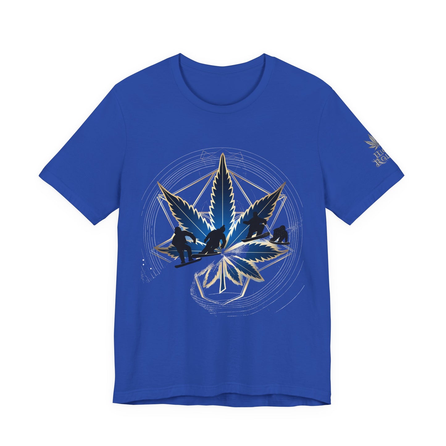 Sacred Geometry Snowboard Premium Cannabis Culture T-Shirt - Emerald Green Tee With Action Sports And Crystalline Cannabis Geometric Mandala
