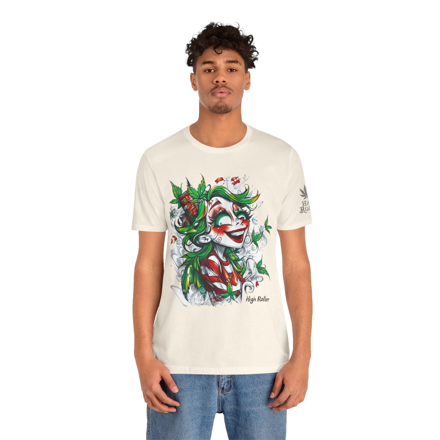 High Roller Jester Queen Cannabis T-Shirt - Premium 420 Harlequin Beauty Holiday Celebration Apparel