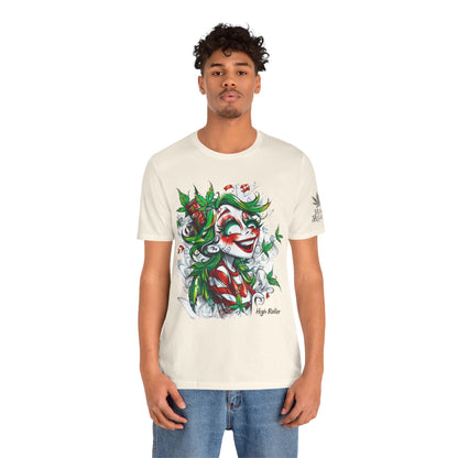 High Roller Jester Queen Cannabis T-Shirt - Premium 420 Harlequin Beauty Holiday Celebration Apparel