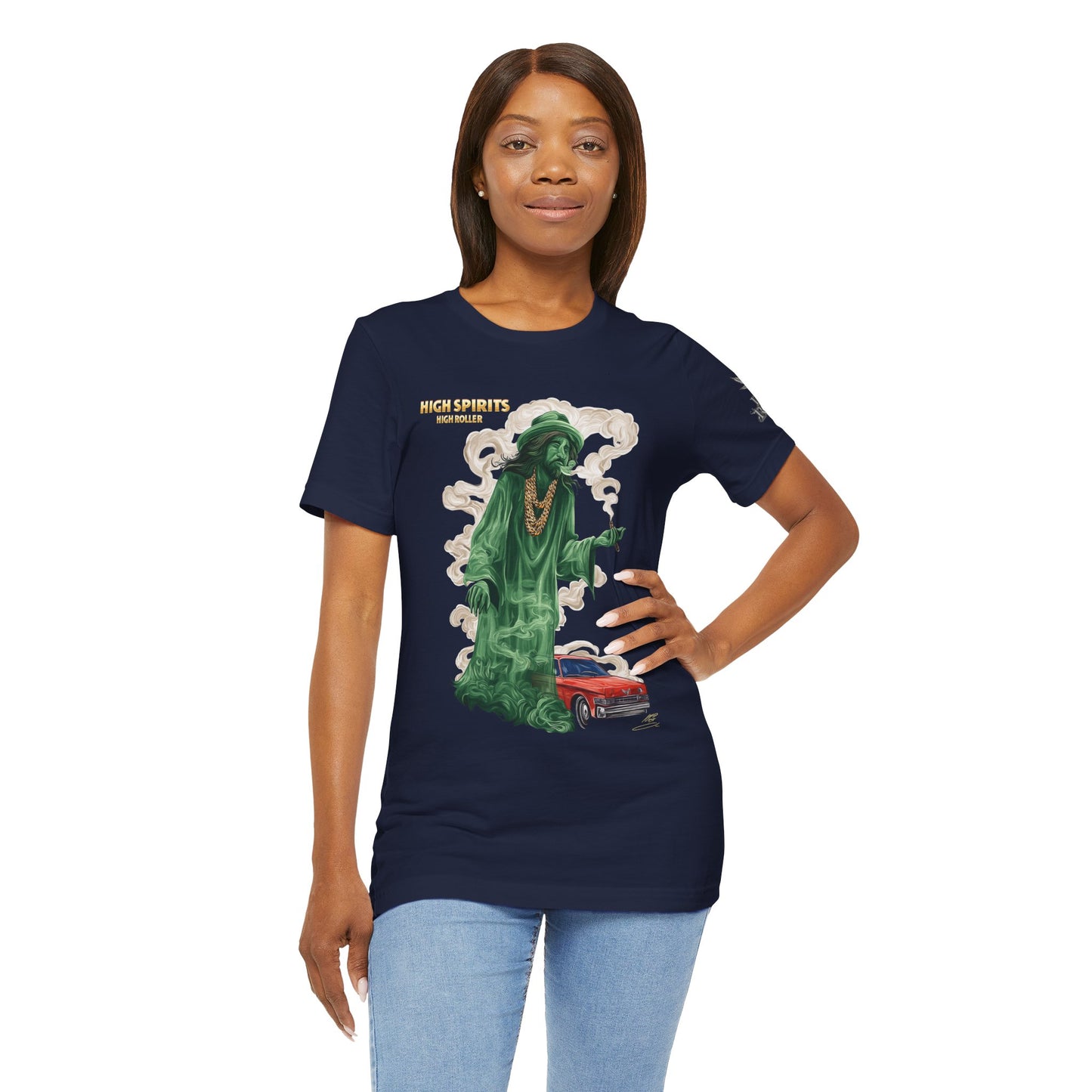 High Spirits HIGH ROLLER Halloween Cannabis Ghost T-Shirt - Premium Spectral Lowrider Phantom 420 Apparel