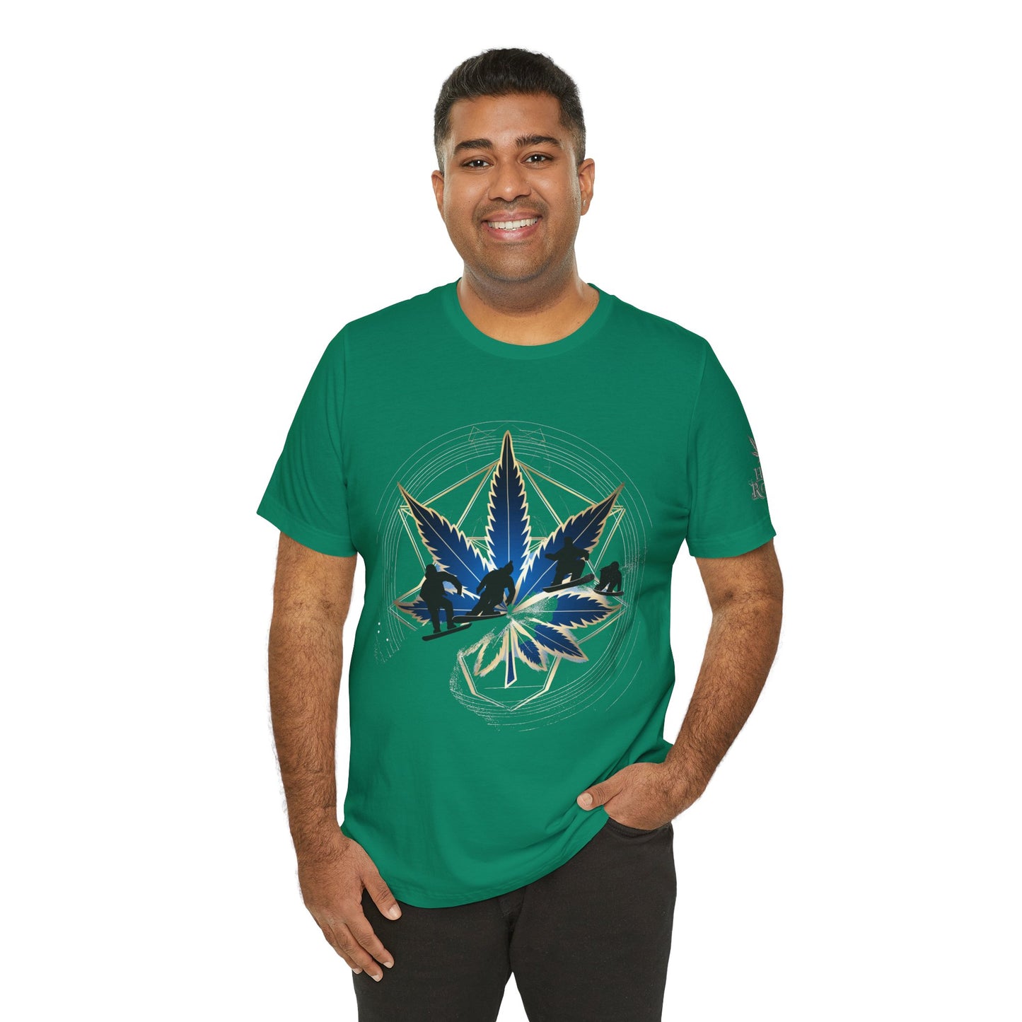 Sacred Geometry Snowboard Premium Cannabis Culture T-Shirt - Emerald Green Tee With Action Sports And Crystalline Cannabis Geometric Mandala