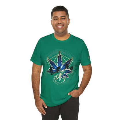 Sacred Geometry Snowboard Premium Cannabis Culture T-Shirt - Emerald Green Tee With Action Sports And Crystalline Cannabis Geometric Mandala