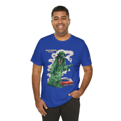 High Spirits HIGH ROLLER Halloween Cannabis Ghost T-Shirt - Premium Spectral Lowrider Phantom 420 Apparel