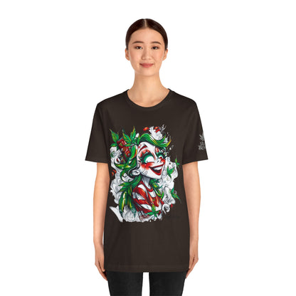 High Roller Jester Queen Cannabis T-Shirt - Premium 420 Harlequin Beauty Holiday Celebration Apparel