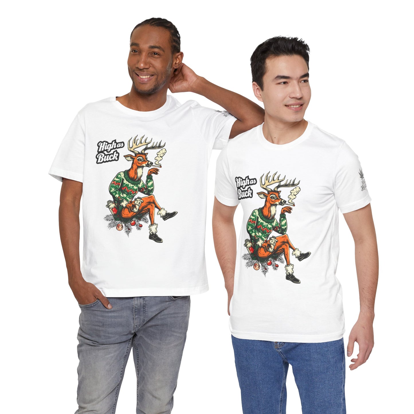 High as Buck T-Shirt - Premium Airlume Cotton Cannabis Christmas Deer Holiday Tee
