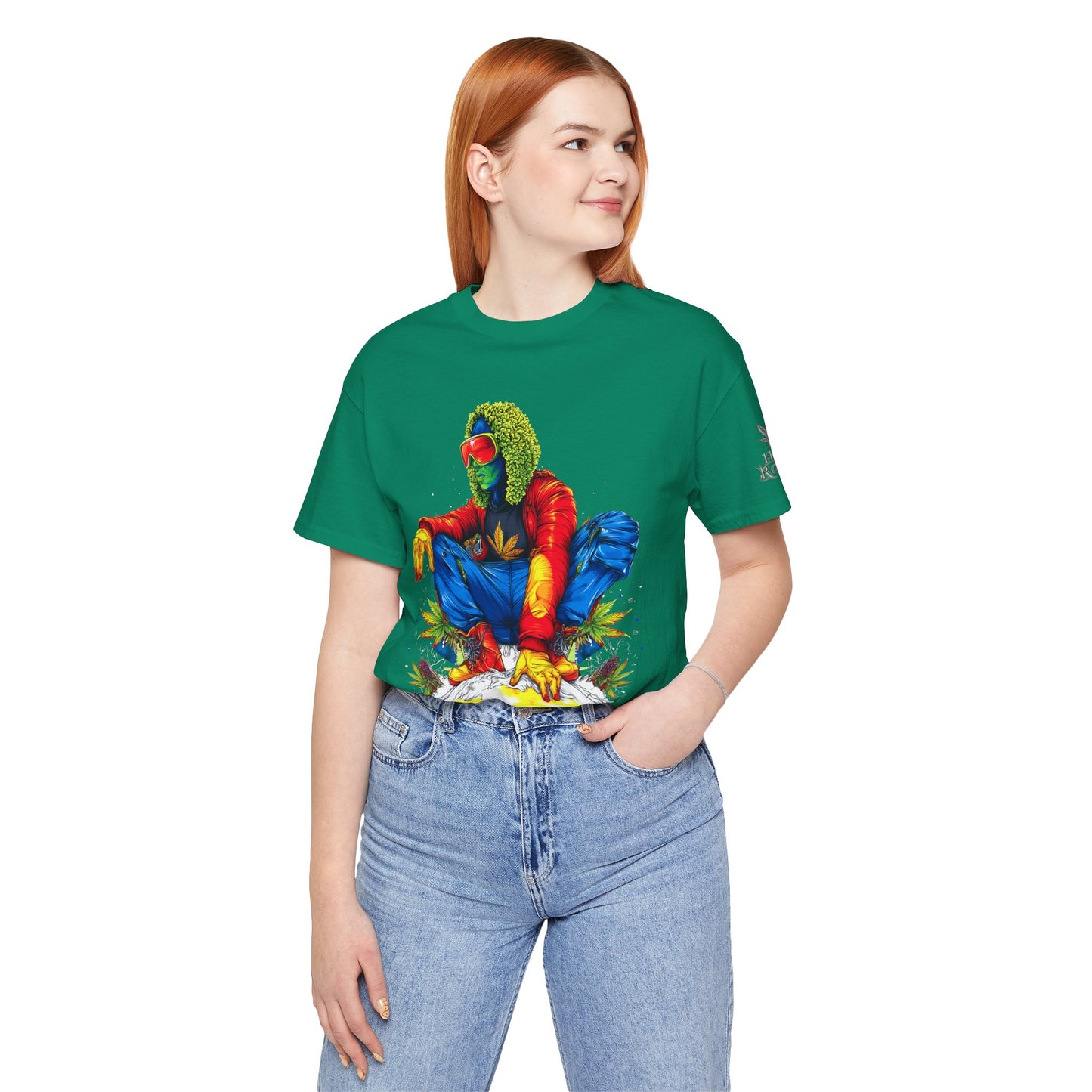 Psychedelic Chill Premium Cannabis Culture T-Shirt - Vibrant Street Art With Rainbow Color Explosion And Meditative Pose