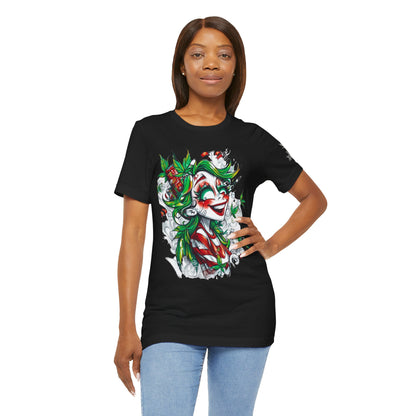 High Roller Jester Queen Cannabis T-Shirt - Premium 420 Harlequin Beauty Holiday Celebration Apparel