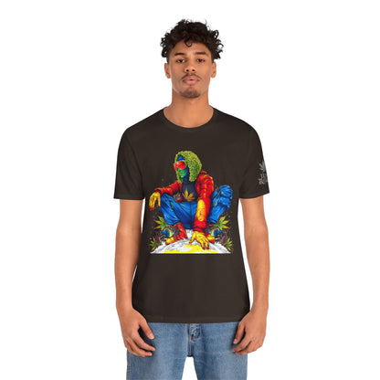 Psychedelic Chill Premium Cannabis Culture T-Shirt - Vibrant Street Art With Rainbow Color Explosion And Meditative Pose