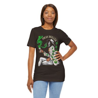 Skeletal HIGH ROLLER Halloween Cannabis Lounge T-Shirt - Premium Death's Day Off Botanical Relaxation 420 Apparel