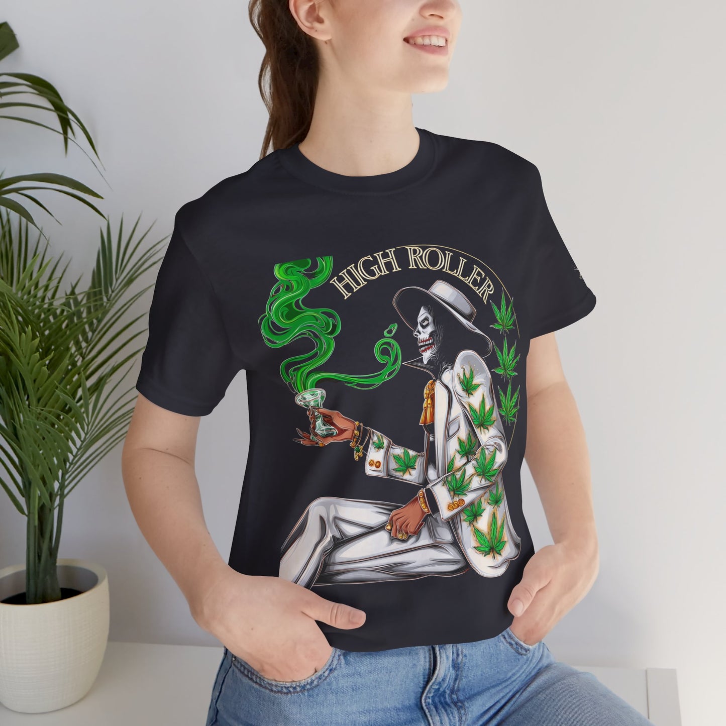 Skeletal HIGH ROLLER Halloween Cannabis Lounge T-Shirt - Premium Death's Day Off Botanical Relaxation 420 Apparel