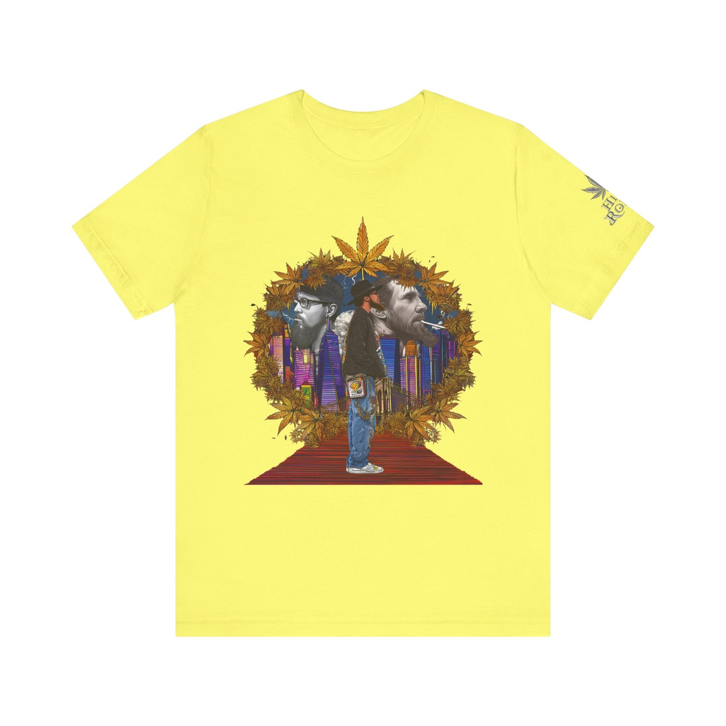 Red Carpet Royalty Premium Cannabis Culture T-Shirt - Hip-Hop Legends Tribute With Golden Cannabis Wreath And City Skyline