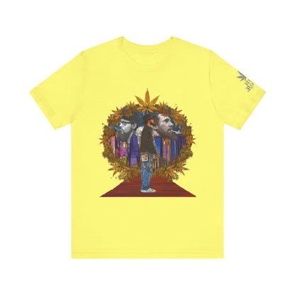 Red Carpet Royalty Premium Cannabis Culture T-Shirt - Hip-Hop Legends Tribute With Golden Cannabis Wreath And City Skyline