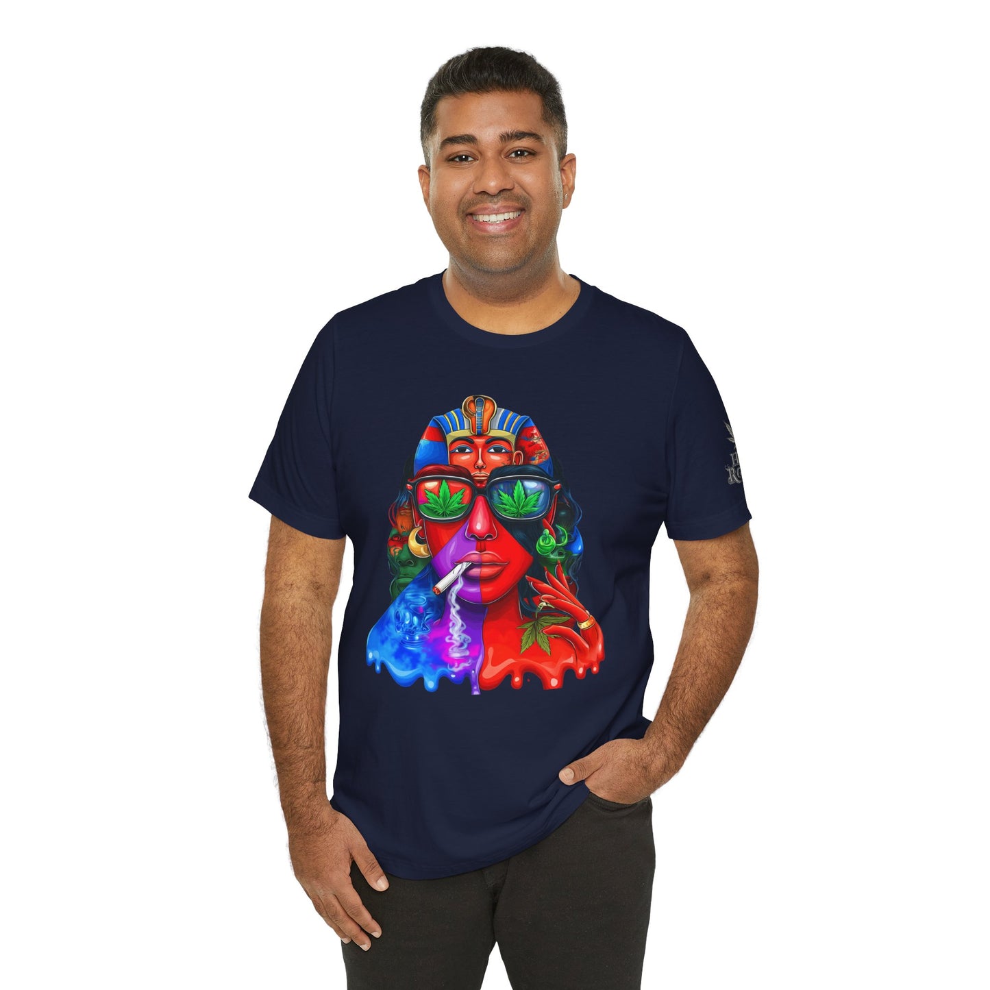 Pharaoh Vision Premium Cannabis Culture T-Shirt - Ancient Egyptian Royalty With Modern Cannabis Celebration And Psychedelic Split-Face Art