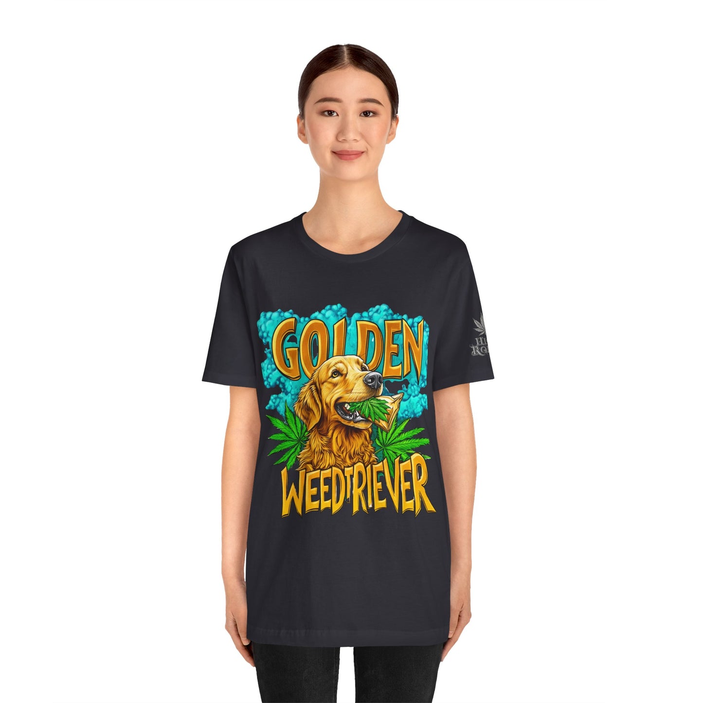 High Roller Golden Weedtriever Cannabis T-Shirt - Premium 420 Dog Lover Humor Golden Retriever Pun Comedy Pet Culture Apparel