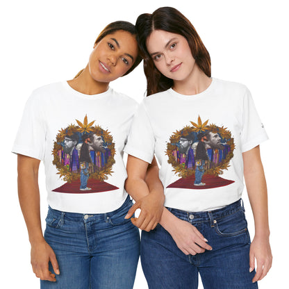 Red Carpet Royalty Premium Cannabis Culture T-Shirt - Hip-Hop Legends Tribute With Golden Cannabis Wreath And City Skyline