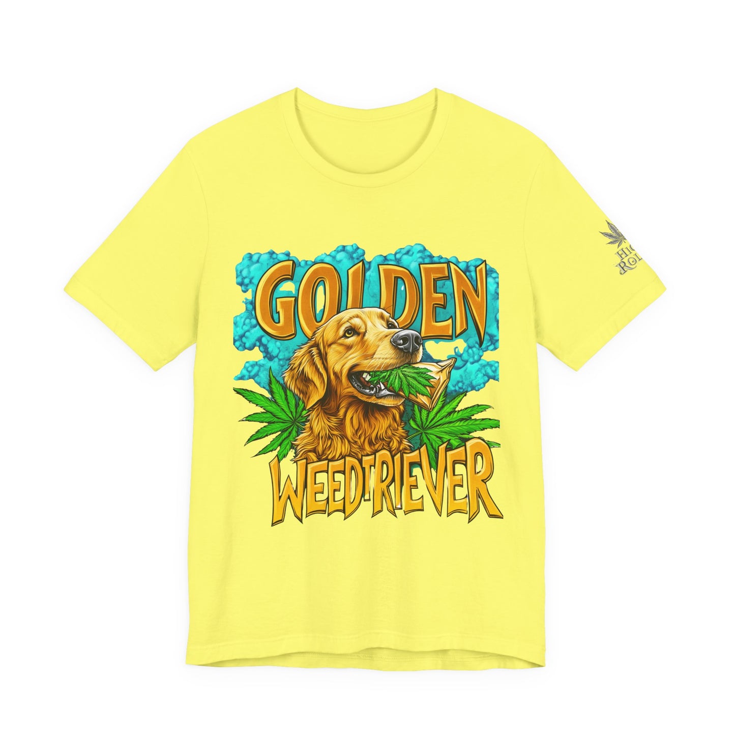 High Roller Golden Weedtriever Cannabis T-Shirt - Premium 420 Dog Lover Humor Golden Retriever Pun Comedy Pet Culture Apparel