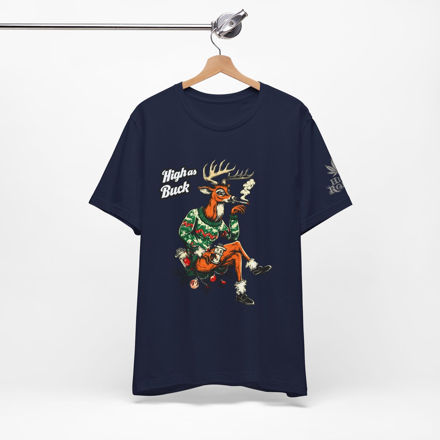 High as Buck T-Shirt - Premium Airlume Cotton Cannabis Christmas Deer Holiday Tee
