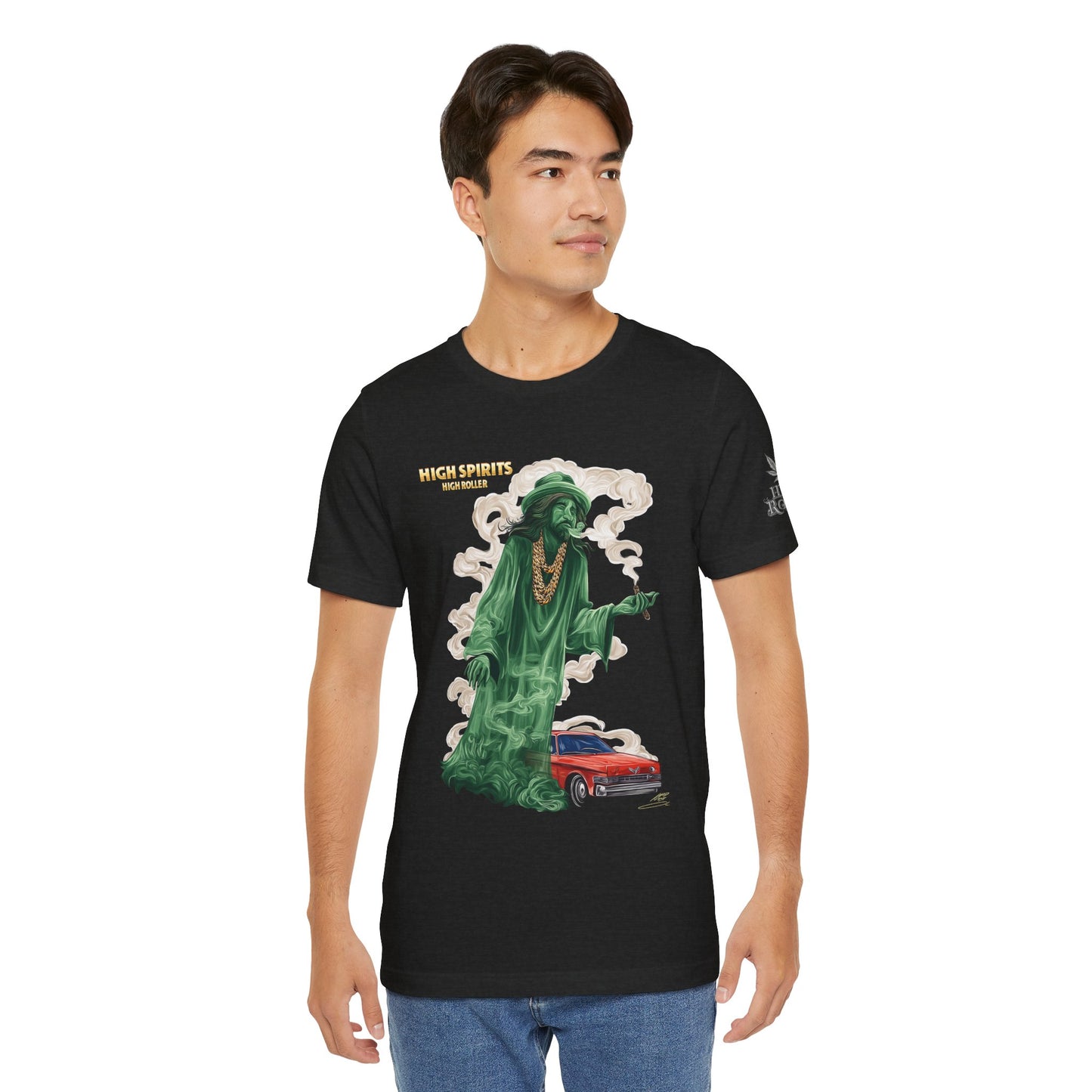 High Spirits HIGH ROLLER Halloween Cannabis Ghost T-Shirt - Premium Spectral Lowrider Phantom 420 Apparel