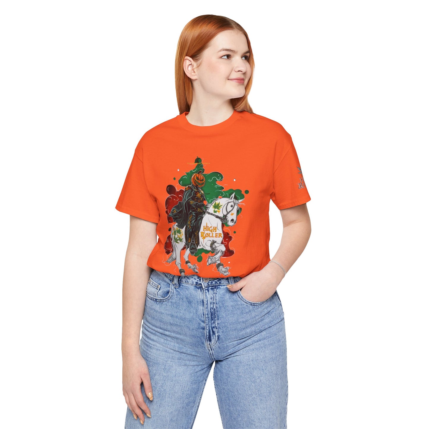 Headless Horseman HIGH ROLLER Halloween Cannabis T-Shirt - Premium Pumpkin Rider Skeletal Steed 420 Apparel