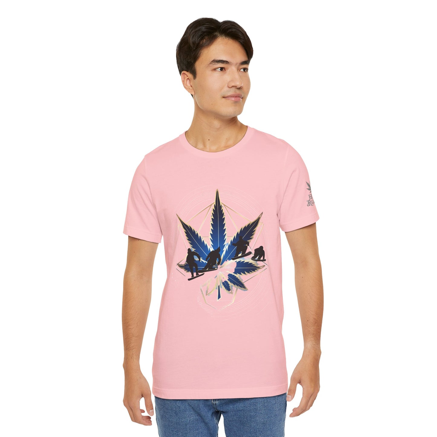 Sacred Geometry Snowboard Premium Cannabis Culture T-Shirt - Emerald Green Tee With Action Sports And Crystalline Cannabis Geometric Mandala