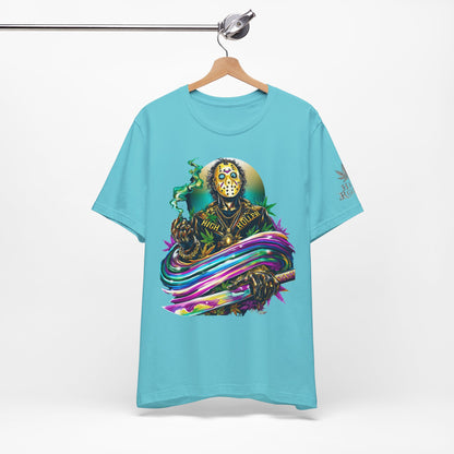 Psychedelic Jason Swoosh Cannabis T-Shirt - Premium Horror 420 Orange Edition Apparel