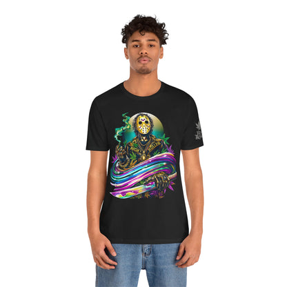Psychedelic Jason Swoosh Cannabis T-Shirt - Premium Horror 420 Orange Edition Apparel